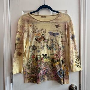 Vintage Y2K Studio Gem 3/4 Sleeve Butterfly Rhinestone Top Size Large